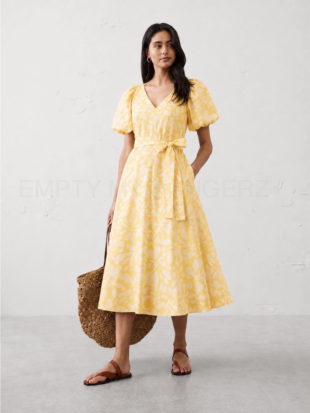 NWT Banana Republic Yellow Pattern Puff-Sleeve Poplin Midi Dress Medium Petite